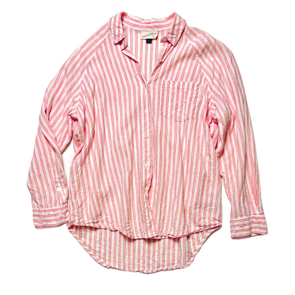 pink and white striped button down linen shirt (S)